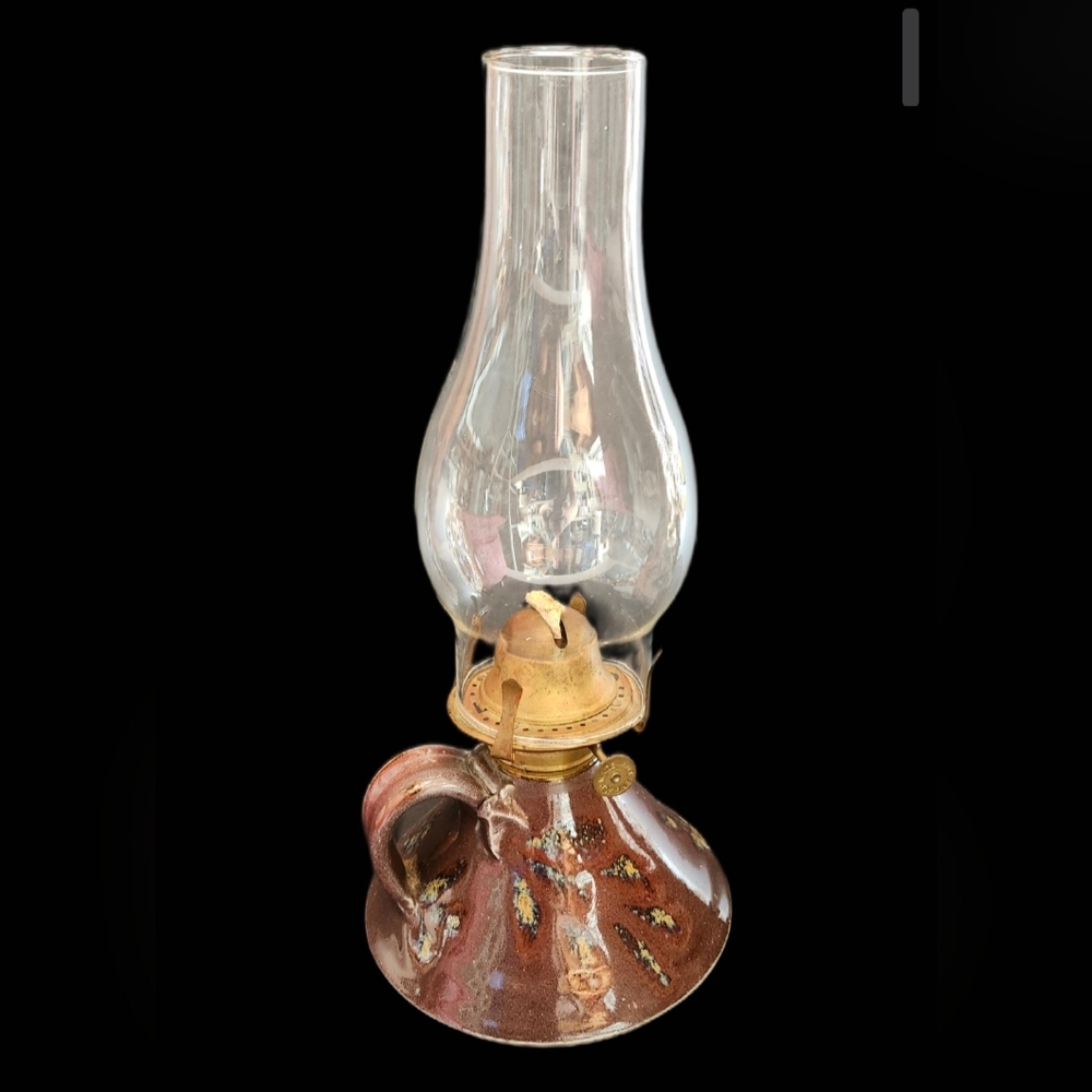 Vintage Stonewear Oil Lamp With brown Glaze Made In England Signed